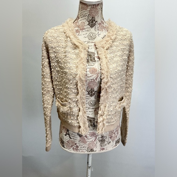 INTERNATIONAL CONCEPTS Cream fringe pearl like detail cardigan sweater size S - Picture 9 of 13